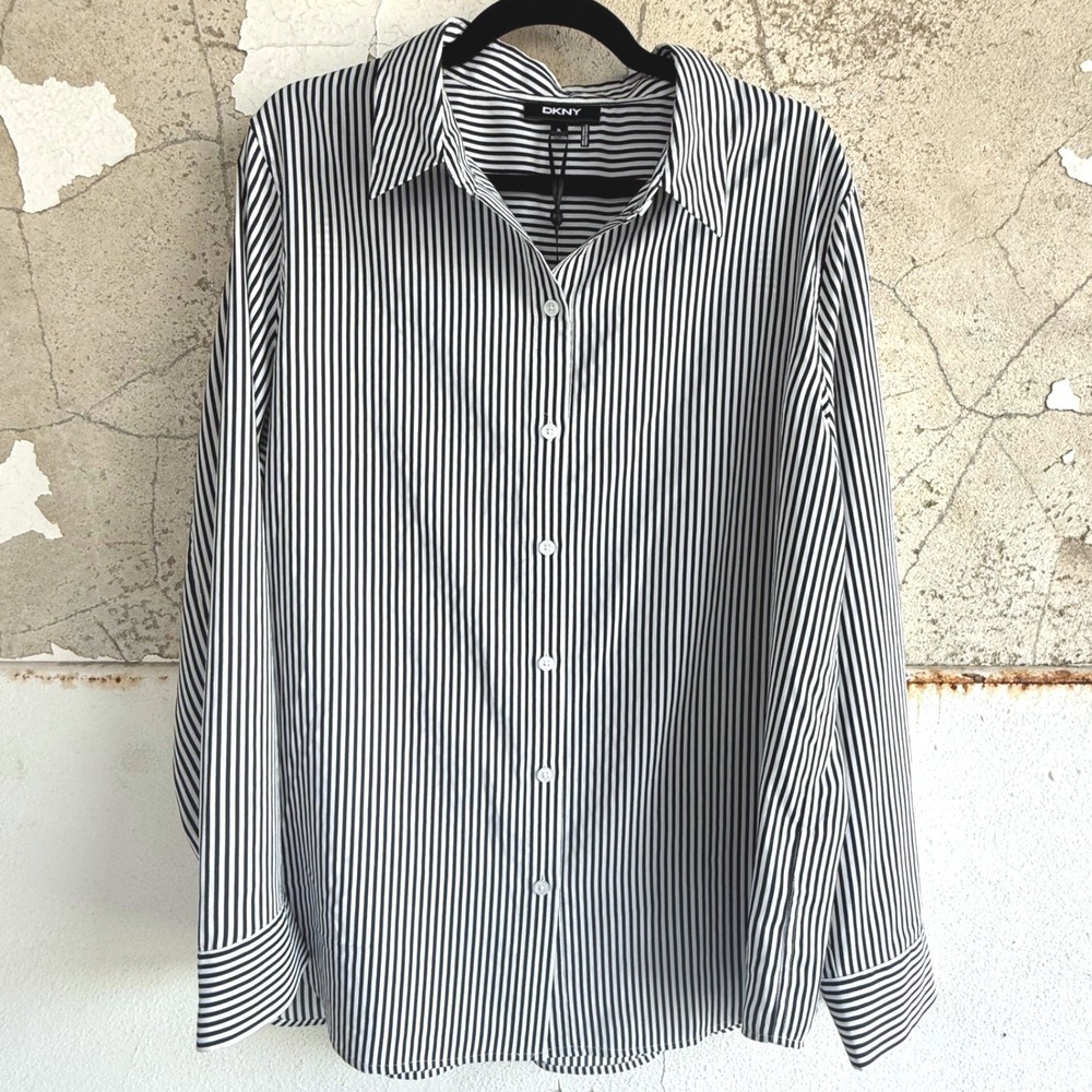 DKNY Striped Shirt Button Down Womens XL Long Sleeve Blouse Office NEW NWT